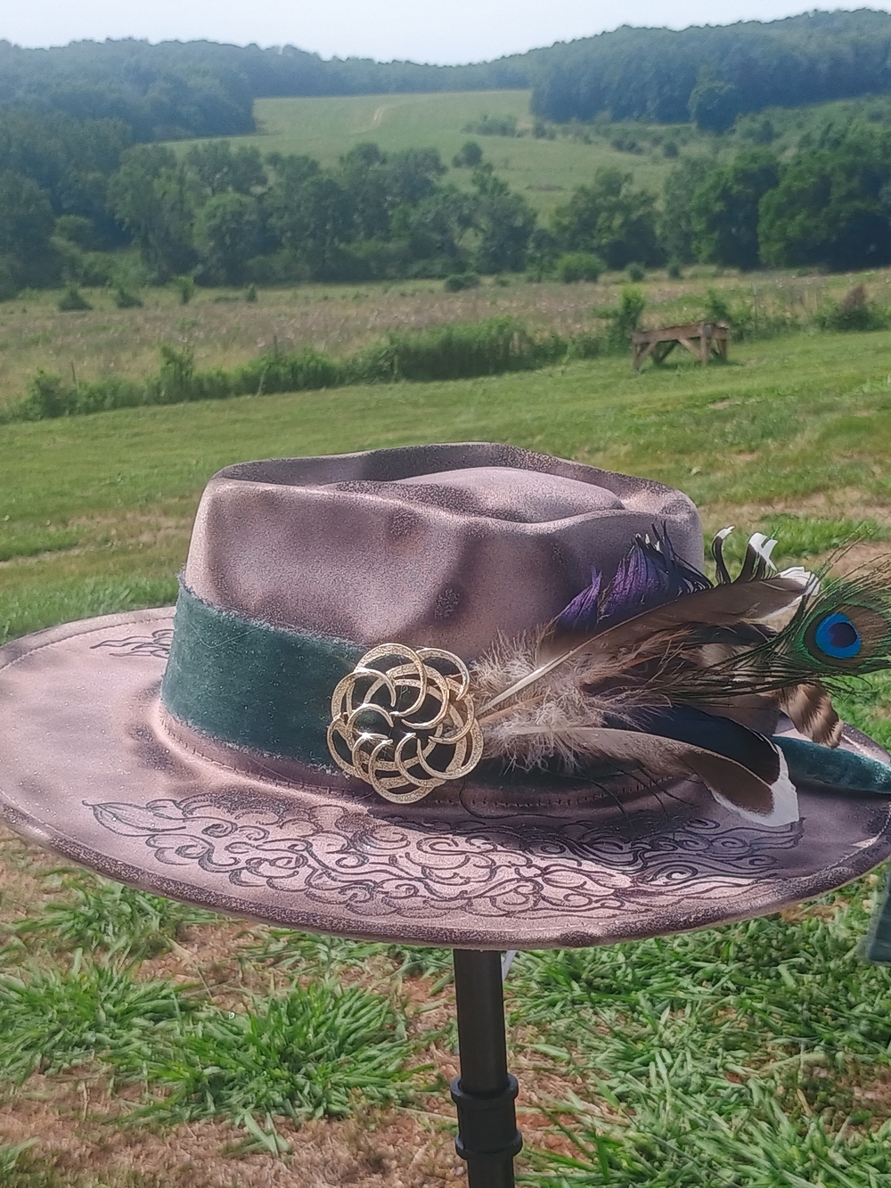 Embellished Brown Fedora with Peacock Feather